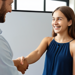 **

A young, enthusiastic intern shaking hands with a senior manager in a bright, modern office.  Focus on the confident expression of the intern and the welcoming smile of the manager.  Include background elements like a whiteboard with project ideas and team members collaborating in the distance.  The overall feeling should be positive and convey opportunity.  Color palette should be warm and inviting.

**