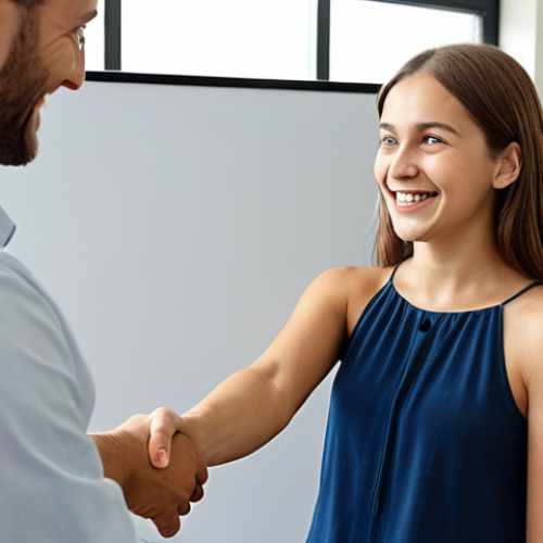 Home 17 **
A young, enthusiastic intern shaking hands with a senior manager in a bright, modern office. Focus on the confident expression of the intern and the welcoming smile of the manager. Include background elements like a whiteboard with project ideas and team members collaborating in the distance. The overall feeling should be positive and convey opportunity. Color palette should be warm and inviting.
**