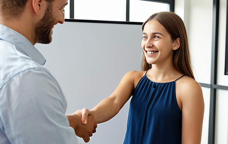 **
A young, enthusiastic intern shaking hands with a senior manager in a bright, modern office. Focus on the confident expression of the intern and the welcoming smile of the manager. Include background elements like a whiteboard with project ideas and team members collaborating in the distance. The overall feeling should be positive and convey opportunity. Color palette should be warm and inviting.
**