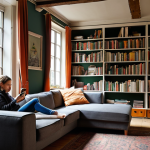 **Image prompt:** A cozy Amsterdam living room in an old house, partially renovated with visible insulation and modern solar panels on the roof. Show a person looking thoughtfully at a phone while also glancing at a bookshelf, conveying the balance between online and offline life. Dutch "gezellig" style.