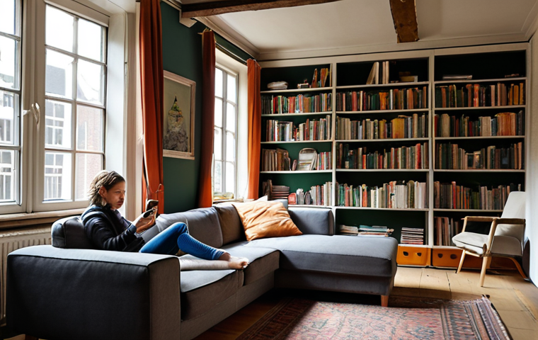 **Image prompt:** A cozy Amsterdam living room in an old house, partially renovated with visible insulation and modern solar panels on the roof. Show a person looking thoughtfully at a phone while also glancing at a bookshelf, conveying the balance between online and offline life. Dutch "gezellig" style.